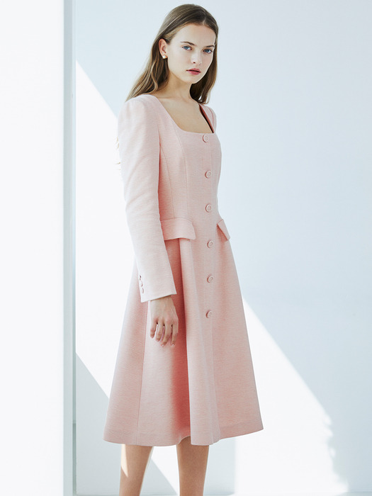 [리퍼브][EXCLUSIVE] TRISHA Square neck Single button A-ling Dress (Pink Tweed)