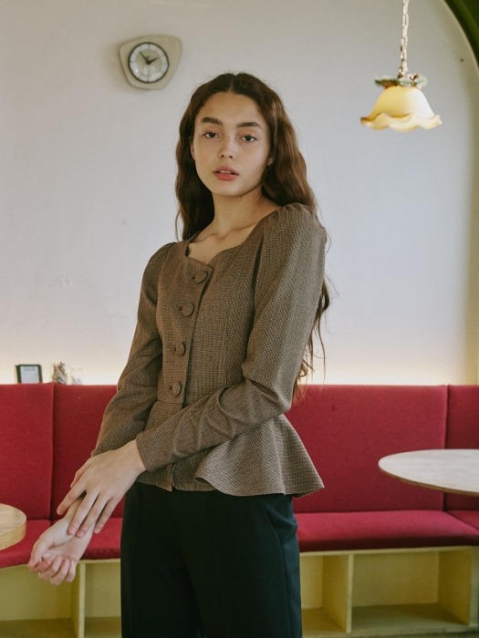 Alice Heart Neck Long Sleeve Blouse_Brown Check