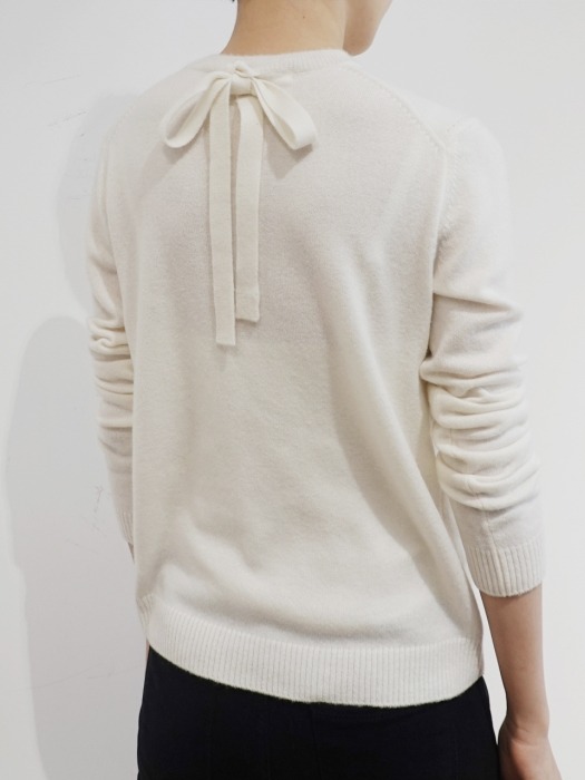 Loropiana Cashmere 100% Back String Detail Round Neck Pullover(White)