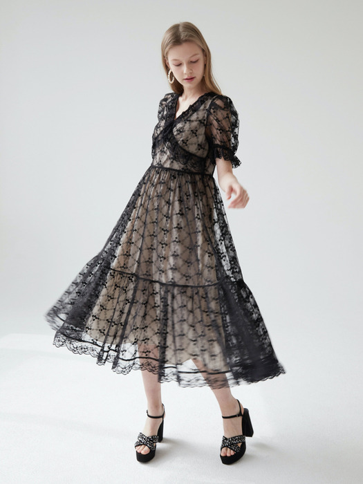 Ruffled lace dress (Black)