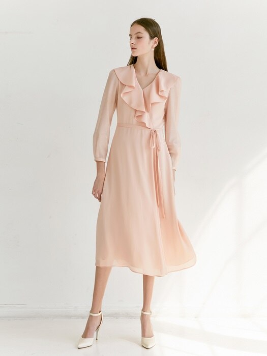 [미전시]LILY Ruffle wrap chiffon dress (Peach Pink)