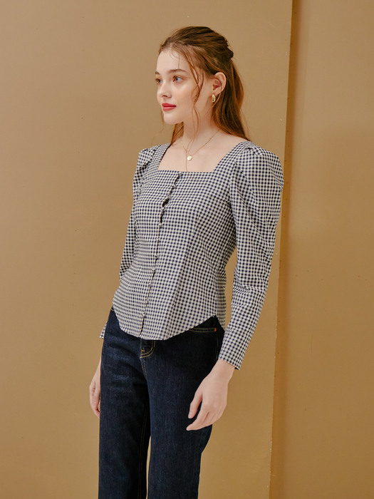 SQUARE NECK CHECK BLOUSE_NAVY