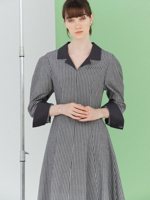 [N]SALYEONI Voluminous sleeve dress (Gray stripe/Blue stripe)