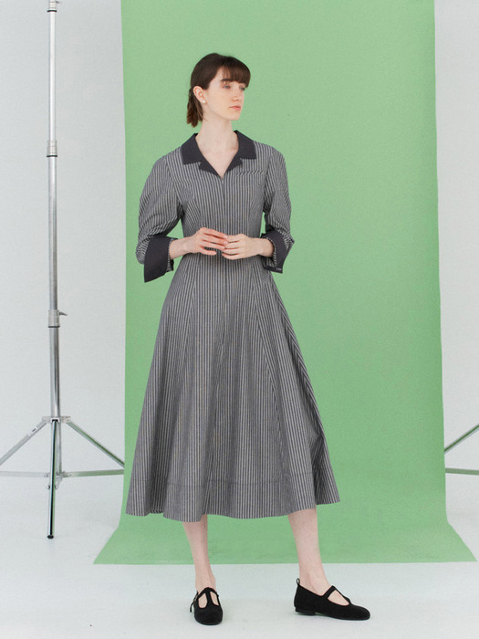 [N]SALYEONI Voluminous sleeve dress (Gray stripe/Blue stripe)