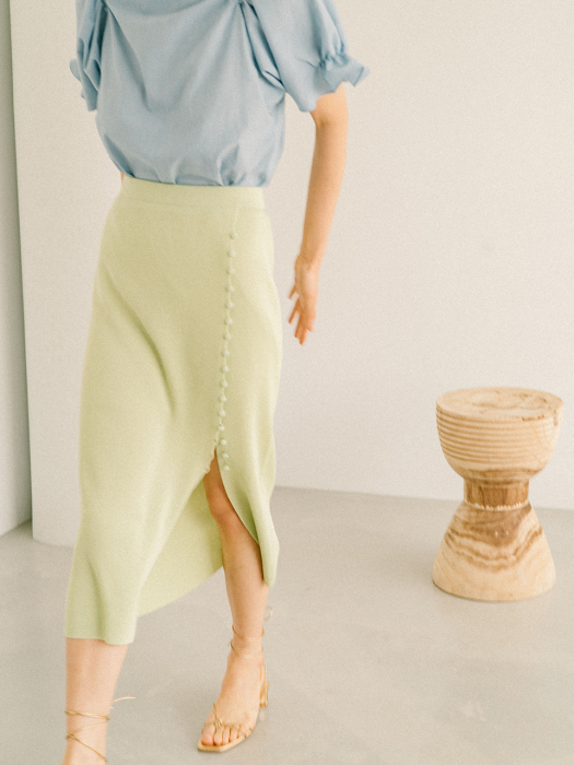 YELLOW GREEN ECO VISCOSE BUTTON DETAIL KNIT SKIRT