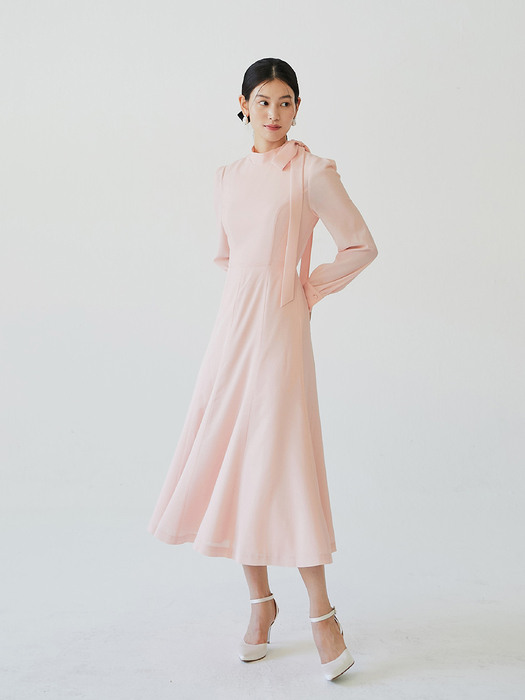 [미전시]ELLEN Tie neck layerd flare dress (Warm pink)