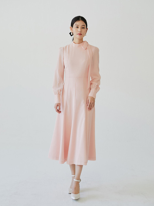 [미전시]ELLEN Tie neck layerd flare dress (Warm pink)