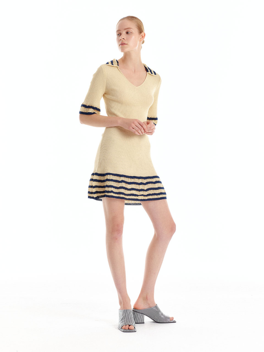 UWENDY Ruffle Knit Dress - Begie/Navy