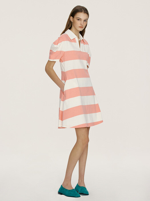 [N]POLOLU V-neck collar stripe short dress (Pink)