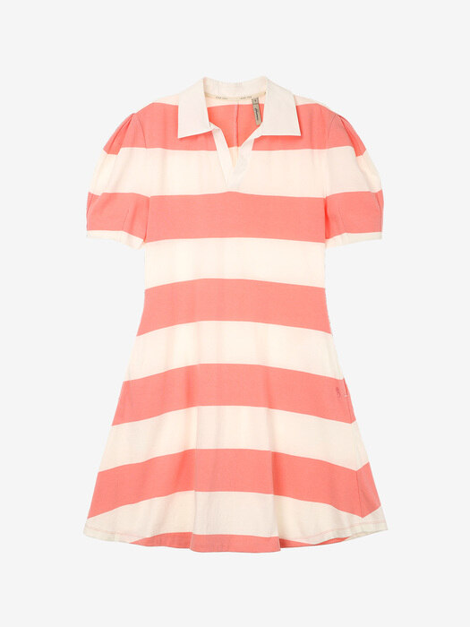 [N]POLOLU V-neck collar stripe short dress (Pink)