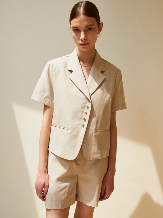 amr1427 (set) linen button jacket + linen pearl button shorts (beige)