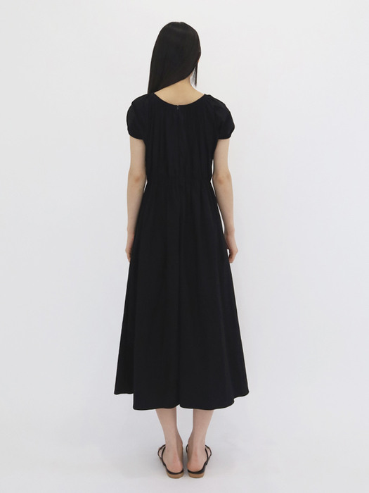 Seersucker Shirring Banded Dress Black