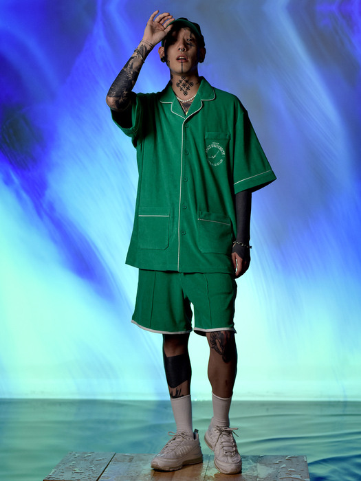 [SET] Piped Terry Short-Sleeved Shirt + Binding Terry Shorts (Green)