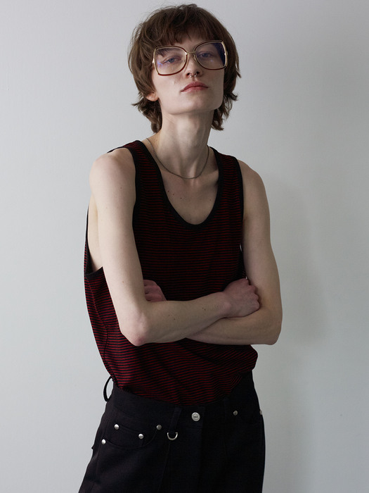 UNISEX, Marine Stripe Sleeveless Top / Cherry Coke