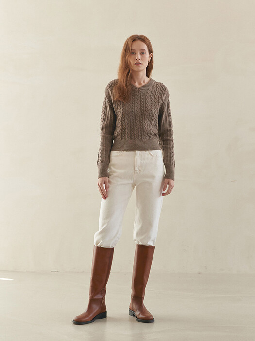 V-NECK CABLE PULLOVER(stone brown)