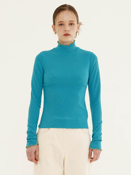 Turtle Neck Solid T-Shirts in Blue VW2AE327-22