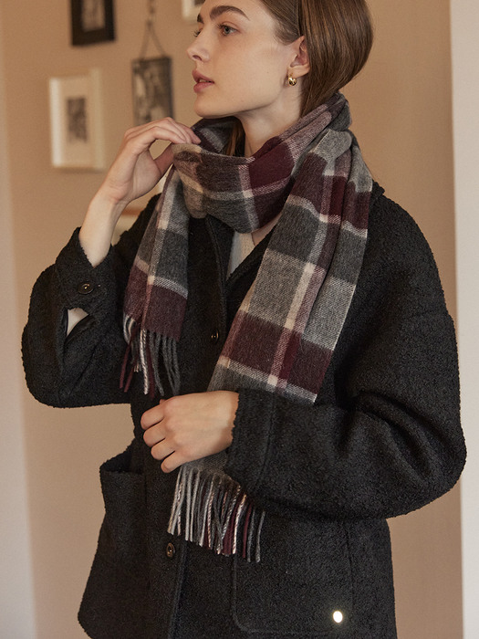 Daily check wool muffler - Burgundy Check