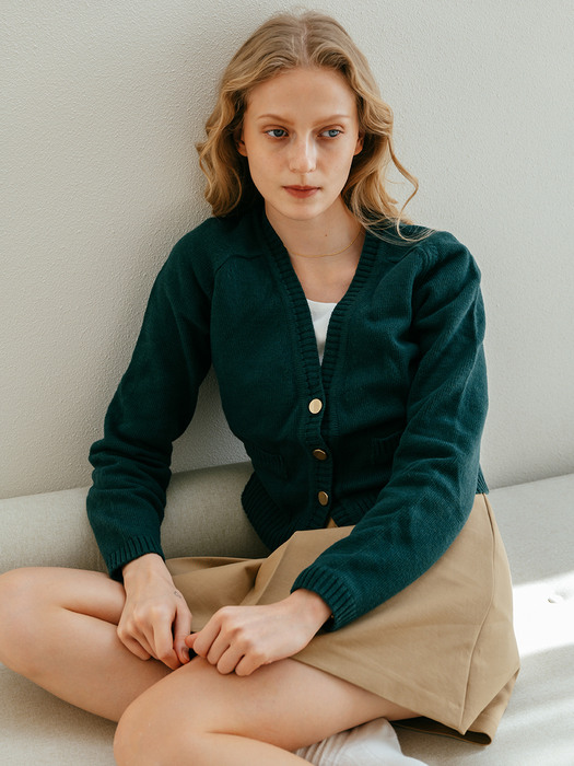 Button Crop Knit Cardigan - Green