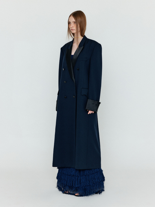 WELLY Double-Breasted Long Coat - Navy