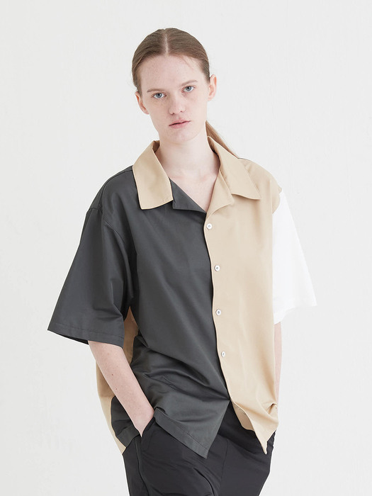 [UNISEX] Color Block Half Sleeve Shirt Beige