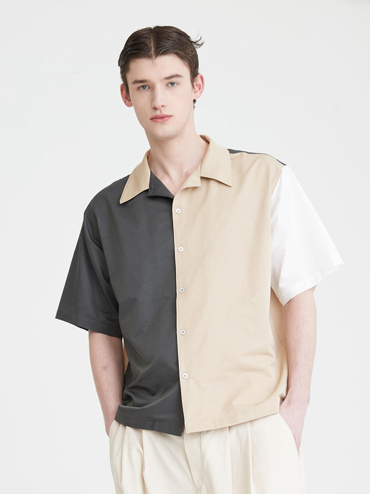 [UNISEX] Color Block Half Sleeve Shirt Beige