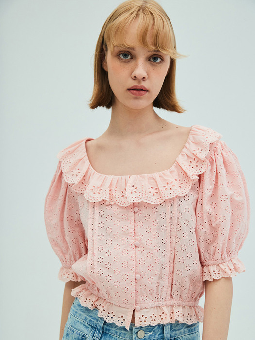 Lace Ruffle Crop Blouse_Coral Pink