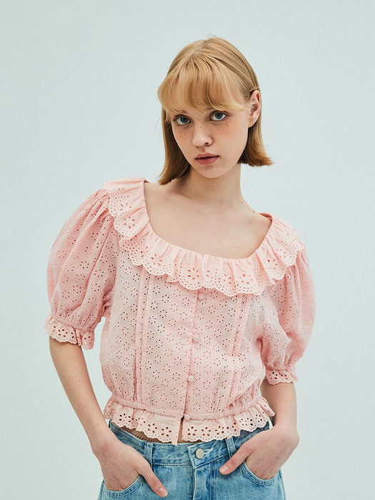 Lace Ruffle Crop Blouse_Coral Pink
