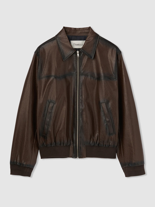 PATINA TEXTURE FAUX LEATHER TRUCKER JACKET(BROWN)