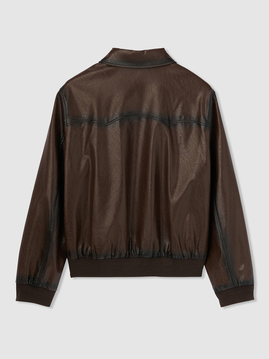 PATINA TEXTURE FAUX LEATHER TRUCKER JACKET(BROWN)
