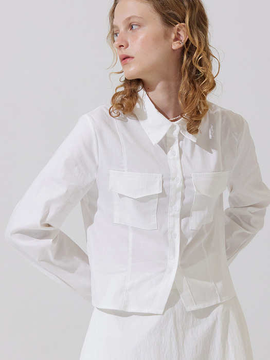 Cargo pocket crop long shirts - white