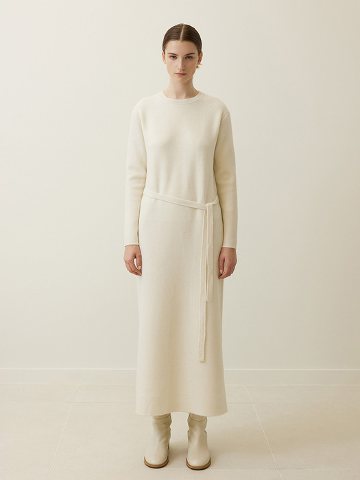 Cashmere Blend Belted Knit Dress Ivory