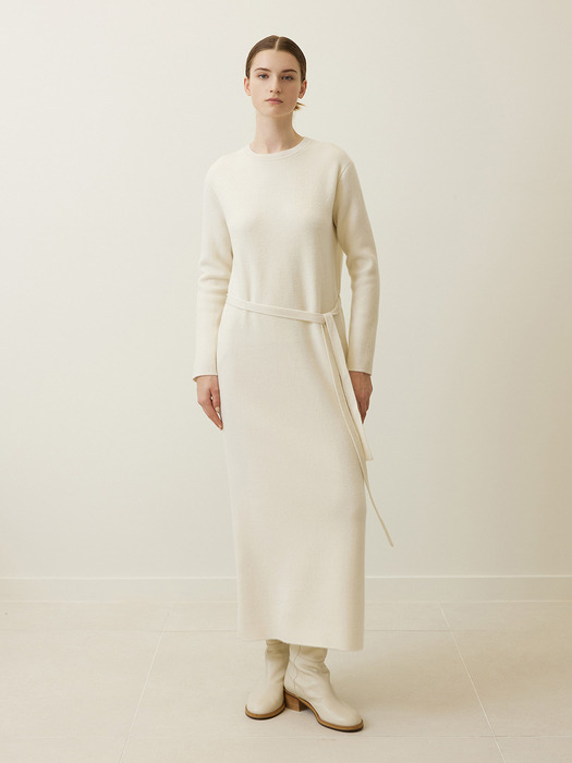 Cashmere Blend Belted Knit Dress Ivory