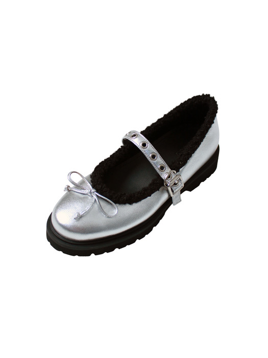Fur Buckle Ballet Shoes (Silver)