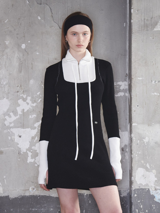 Square Half Zip-up Dress Black Off-White