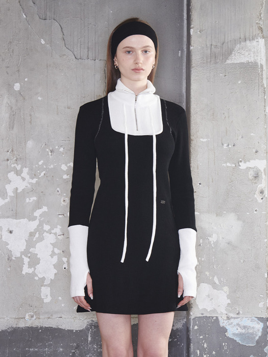 Square Half Zip-up Dress Black Off-White