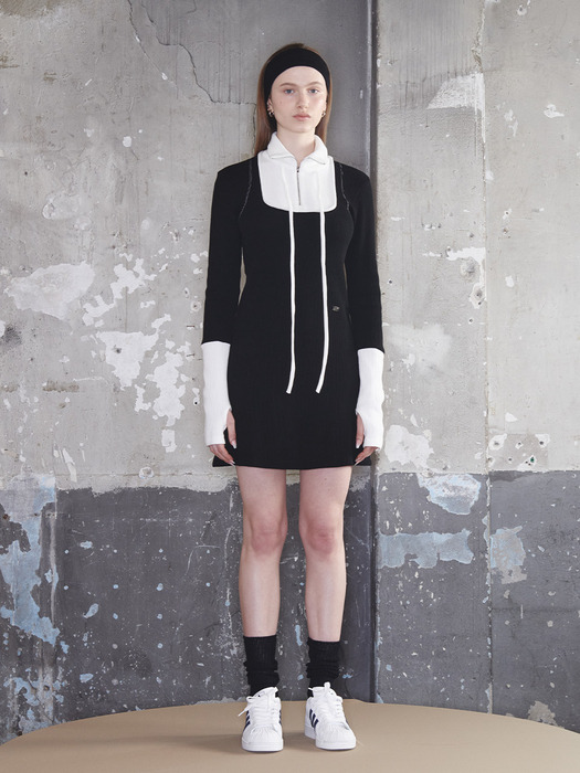 Square Half Zip-up Dress Black Off-White