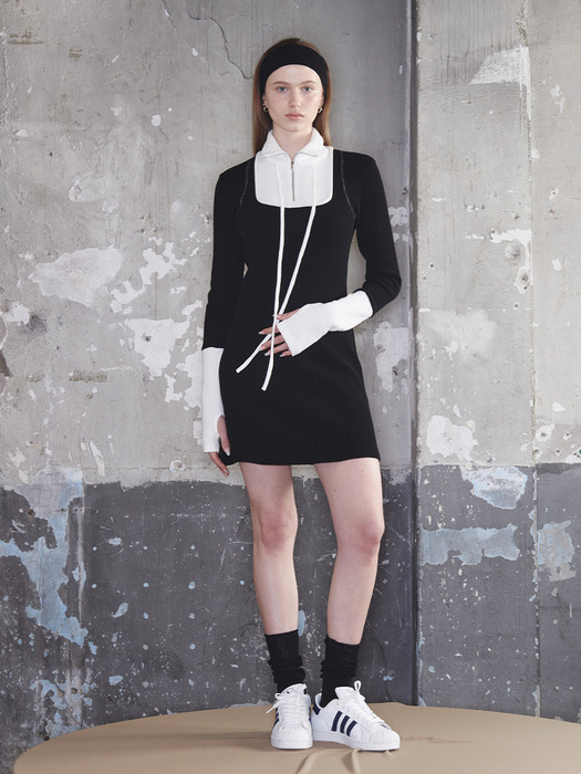 Square Half Zip-up Dress Black Off-White