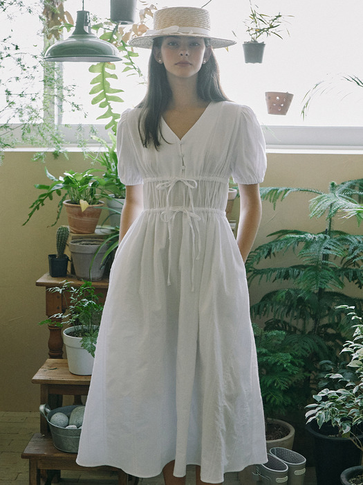 Ribbon Shirring Long Dress - White