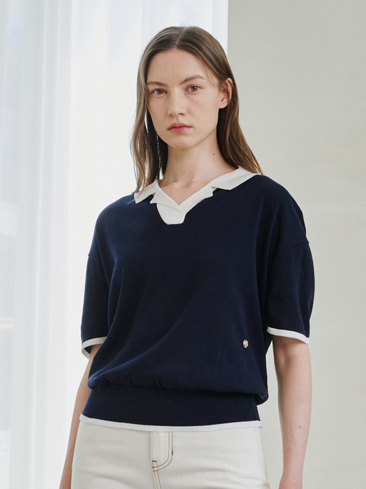 Color Combi Collar Knit - Navy