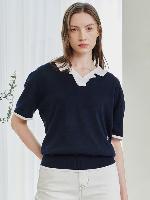 Color Combi Collar Knit - Navy