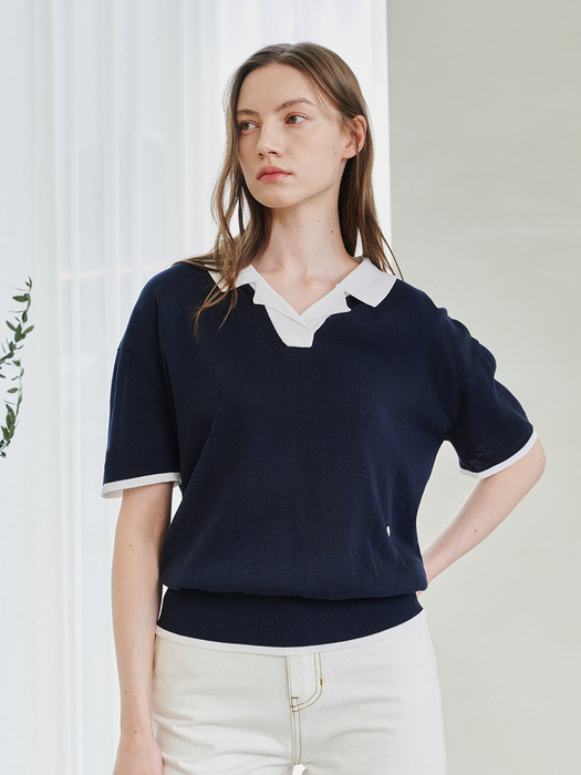 Color Combi Collar Knit - Navy