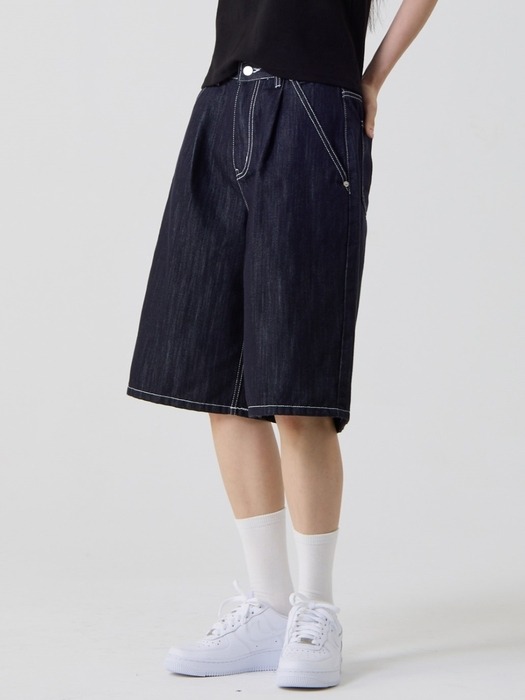 버뮤다 와이드 원턱 데님 쇼츠 인디고_Bermuda Wide One Tuck Denim Shorts Indigo