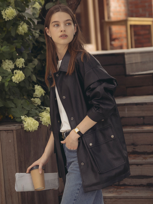 Casual eco leather oversized jacket_Black