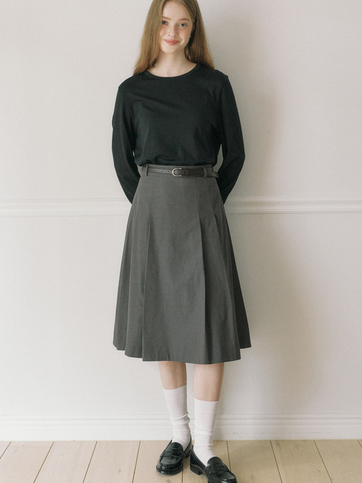 [Belt Set] Midi Pleats Banding Skirt - Grey