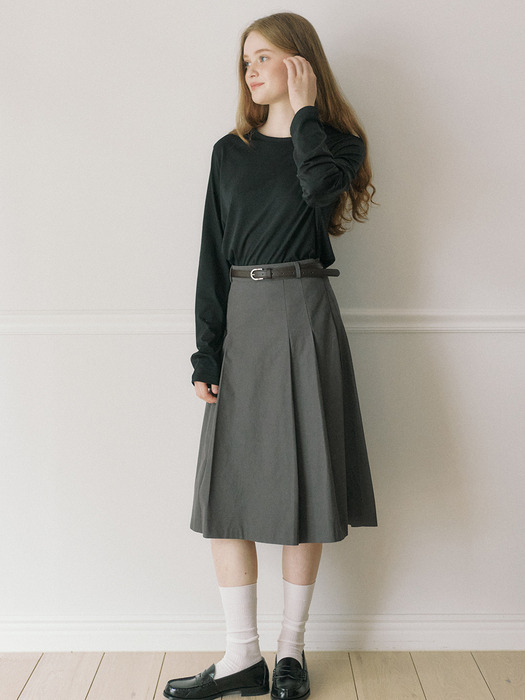 [Belt Set] Midi Pleats Banding Skirt - Grey