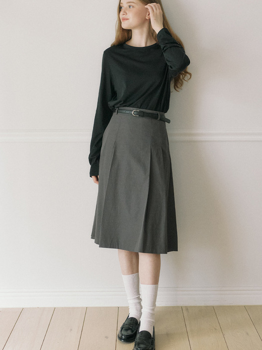 [Belt Set] Midi Pleats Banding Skirt - Grey