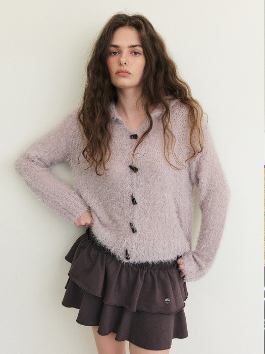 Fluffy Sailor Knit Cardigan, Grape Grey