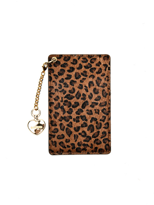 CALF KEYRING CARD WALLET, REOPARD BROWN