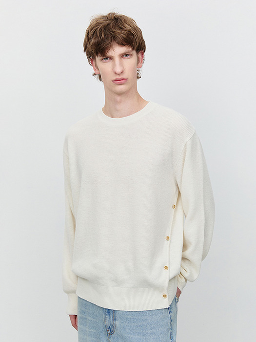 UNISEX BUTTONED CREWNECK SWEATER IVORY_M_UDSW5A107I1