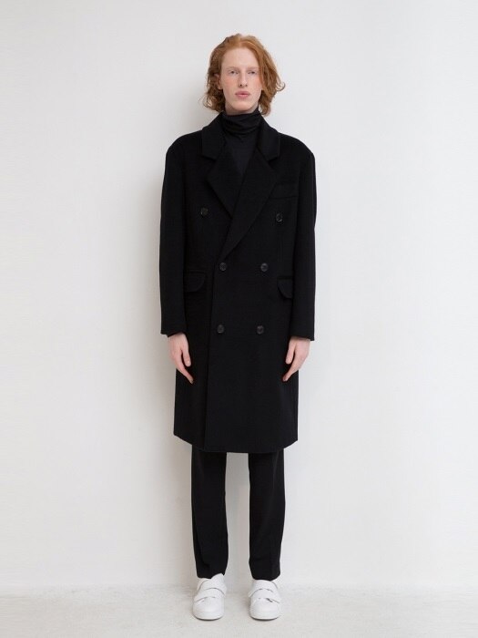 Oversized Double-Breasted Coat - Black	